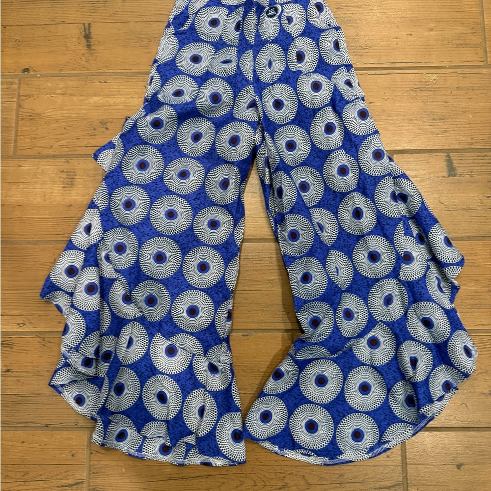 Blue Print Ruffle Wide-Leg Pants